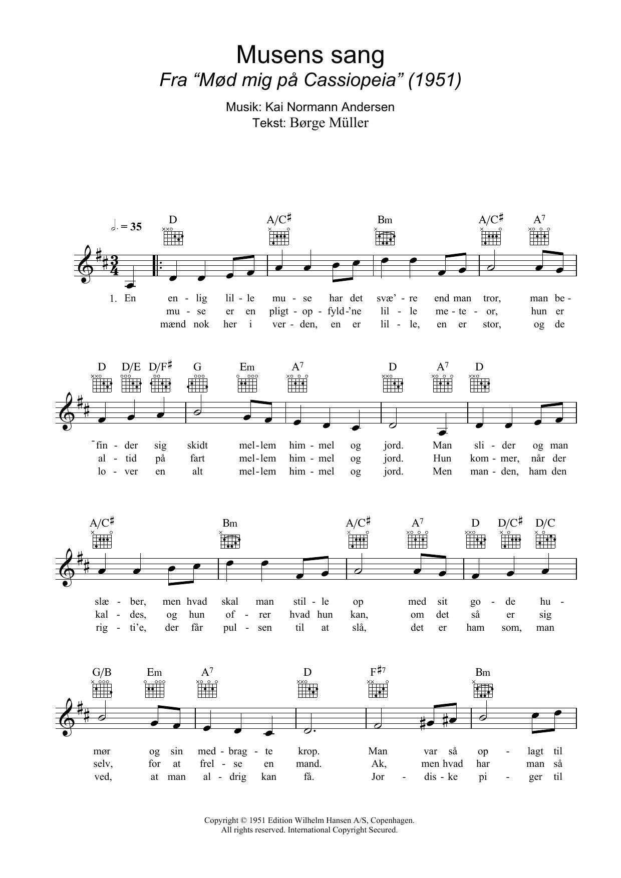 Download Kai Normann Andersen Musens Sang Sheet Music and learn how to play Melody Line, Lyrics & Chords PDF digital score in minutes