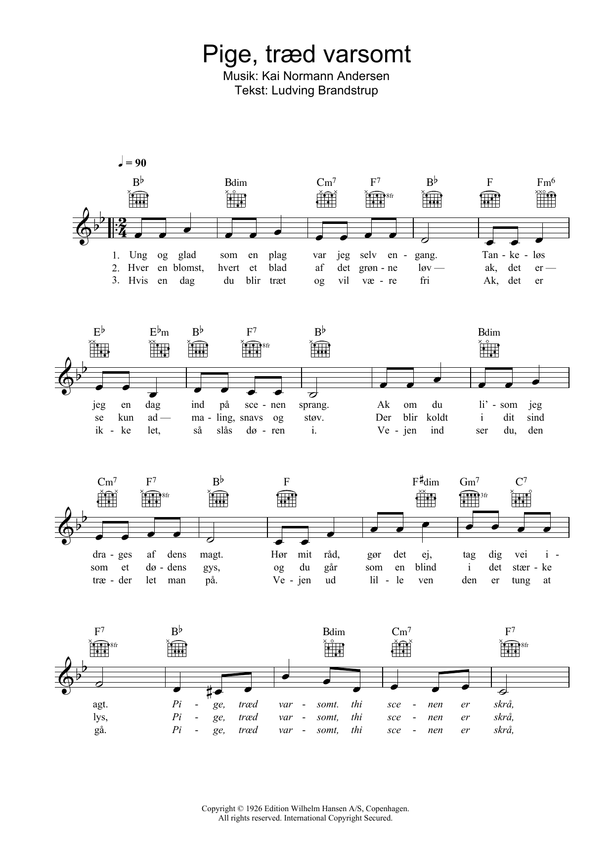 Download Kai Normann Andersen Pige, Træd Varsomt Sheet Music and learn how to play Melody Line, Lyrics & Chords PDF digital score in minutes