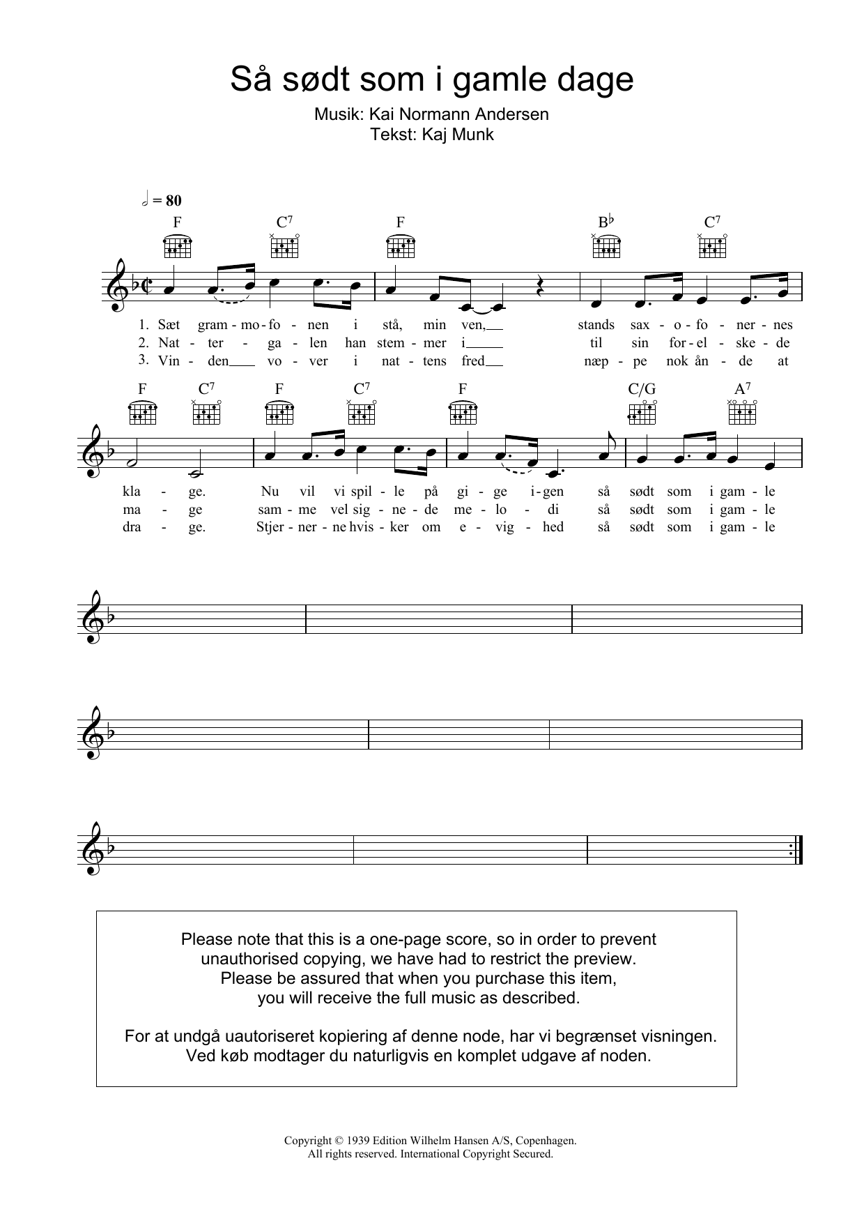 Download Kai Normann Andersen Så Sødt Som I Gamle Dage Sheet Music and learn how to play Melody Line, Lyrics & Chords PDF digital score in minutes