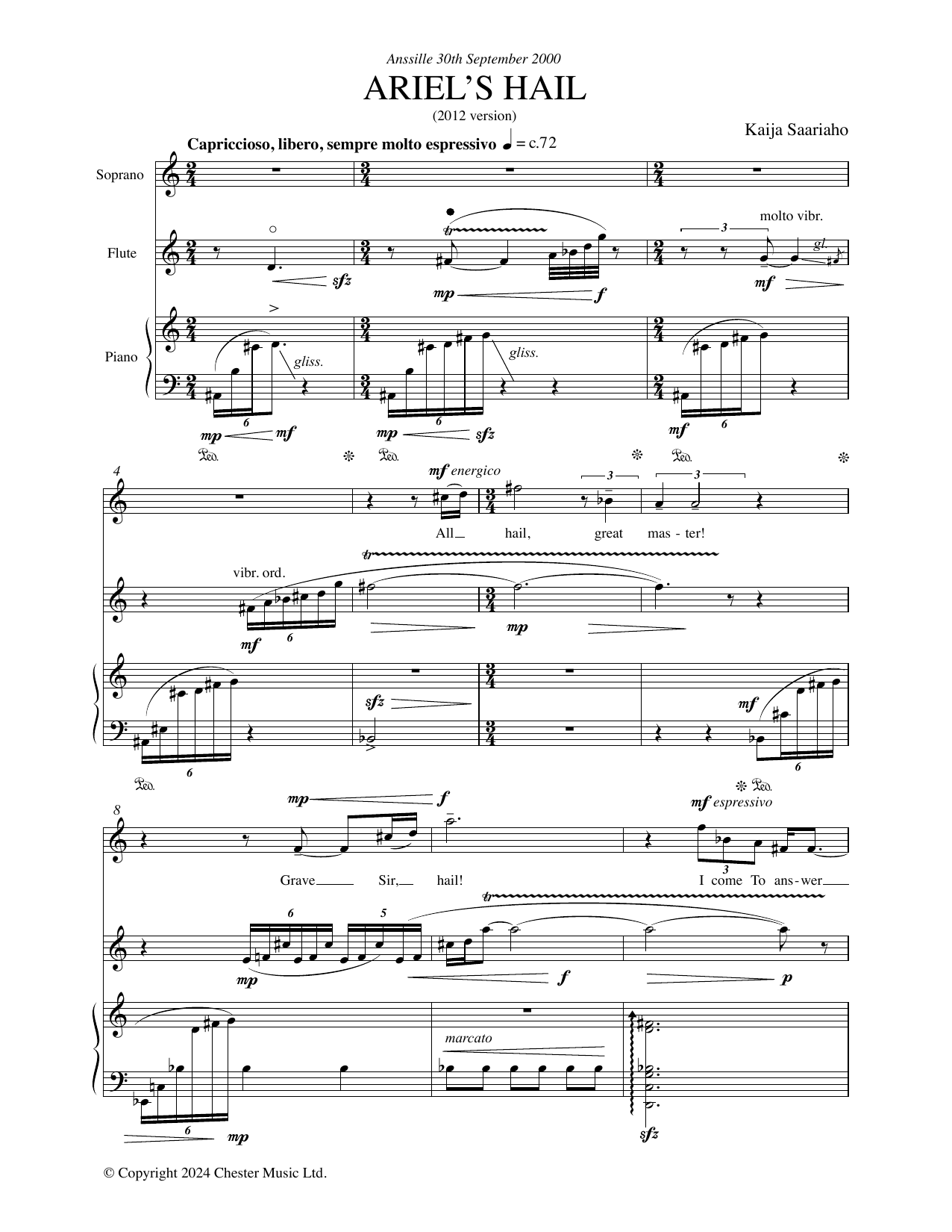 Download Kaija Saariaho Ariel's Hail (for Soprano, Flute, and Piano) Sheet Music and learn how to play Piano & Vocal PDF digital score in minutes