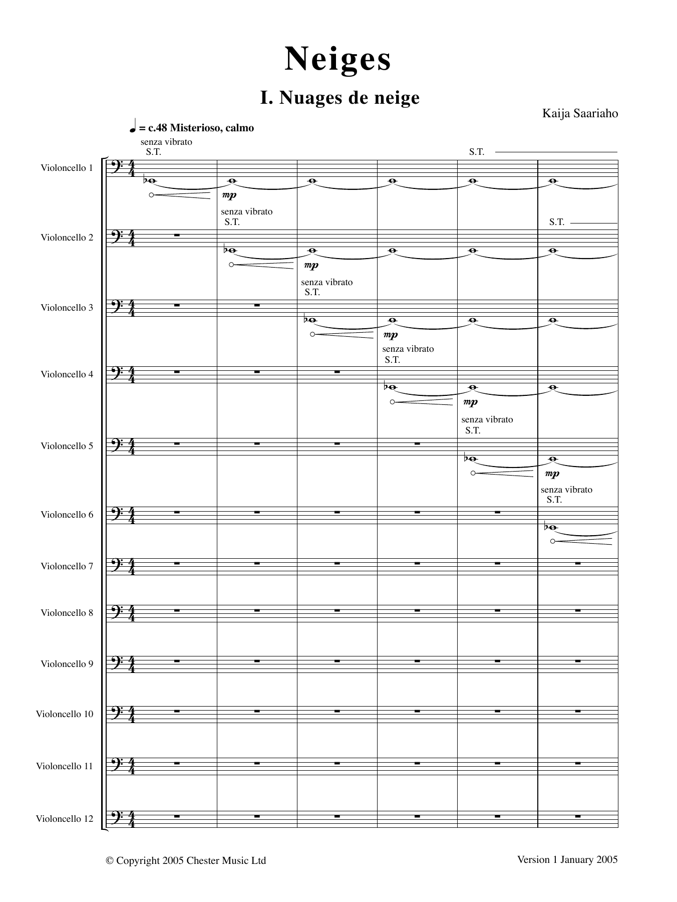 Download Kaija Saariaho Neiges (Version for twelve cellists) Sheet Music and learn how to play String Ensemble PDF digital score in minutes