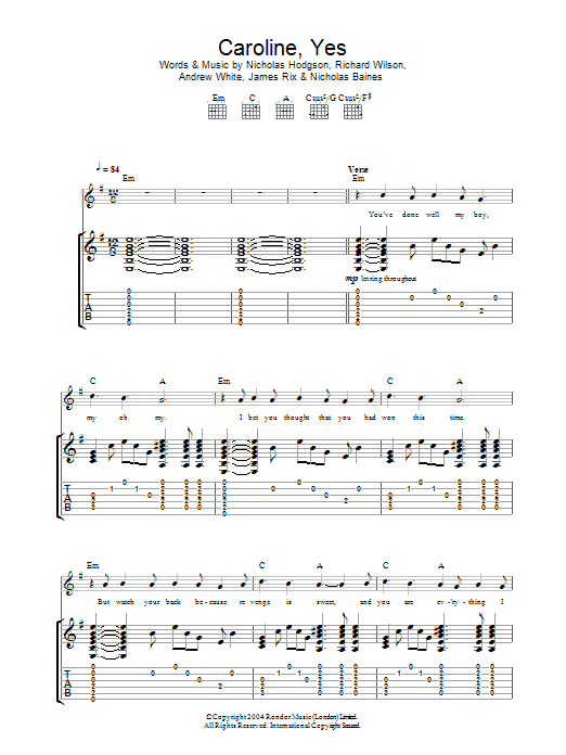 Download Kaiser Chiefs Caroline, Yes Sheet Music and learn how to play Guitar Tab PDF digital score in minutes