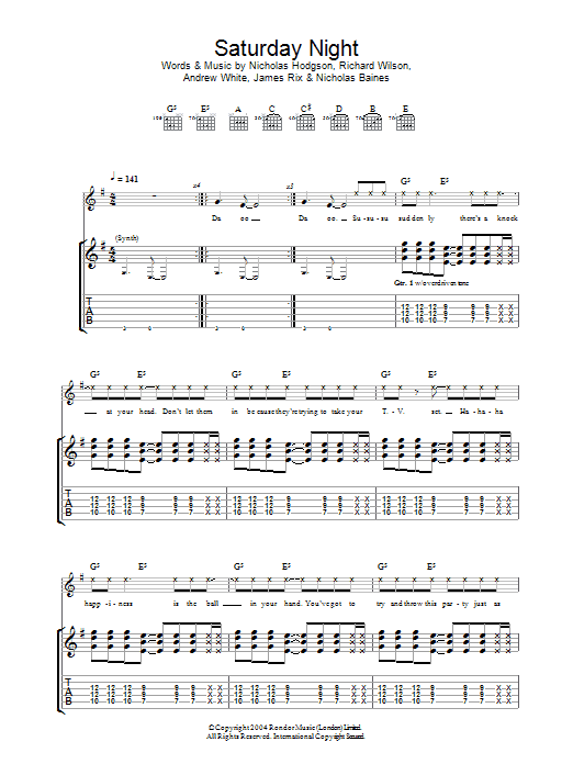 Download Kaiser Chiefs Saturday Night Sheet Music and learn how to play Guitar Tab PDF digital score in minutes