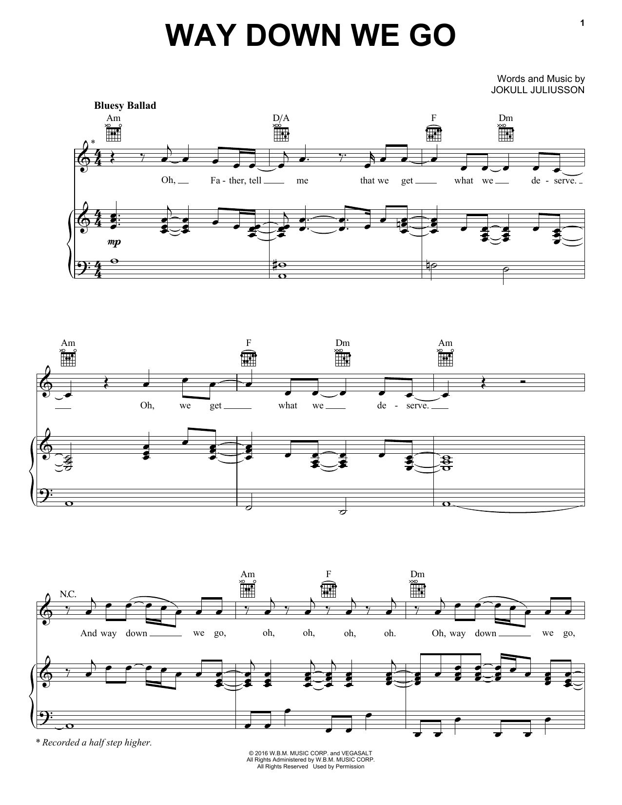 Download Kaleo Way Down We Go Sheet Music and learn how to play Piano, Vocal & Guitar (Right-Hand Melody) PDF digital score in minutes