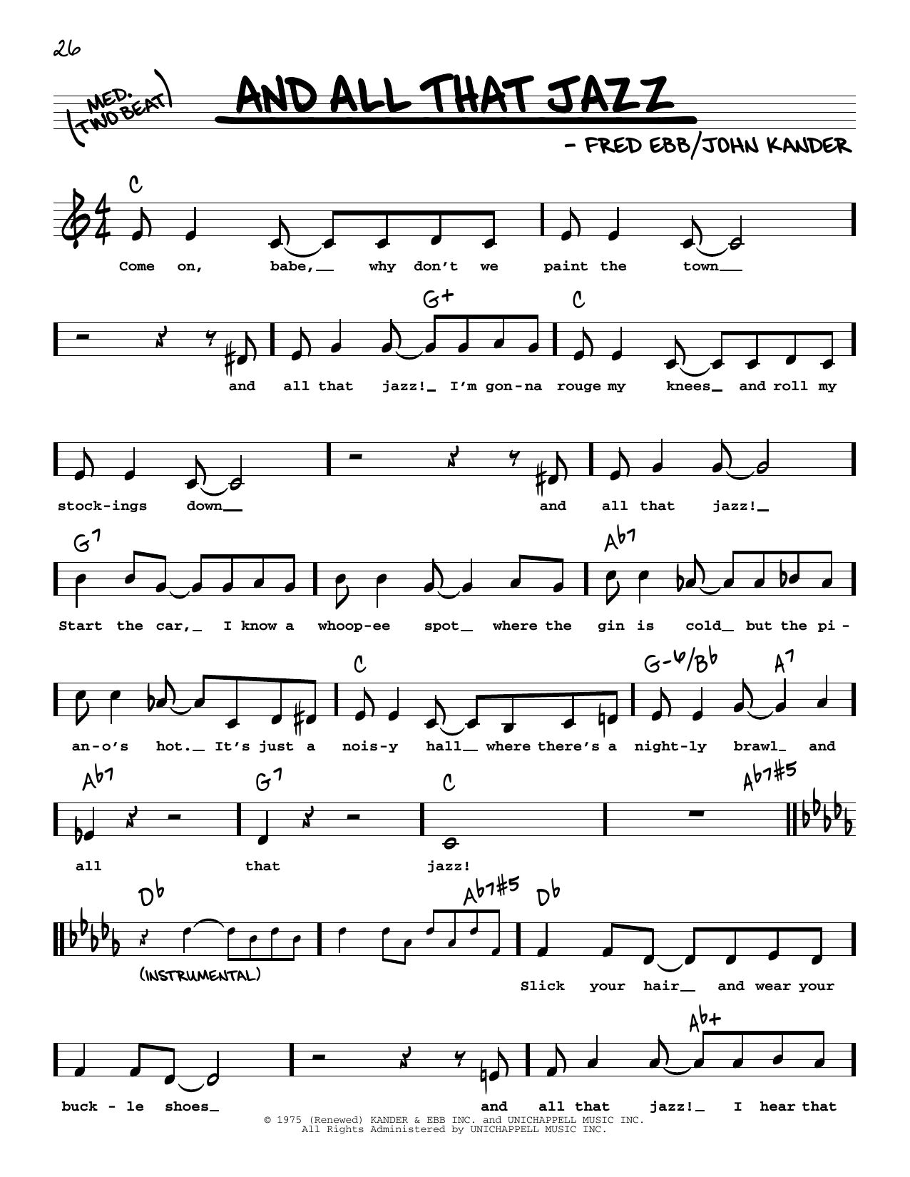 Download Kander & Ebb And All That Jazz (from Chicago) (High Voice) Sheet Music and learn how to play Real Book – Melody, Lyrics & Chords PDF digital score in minutes