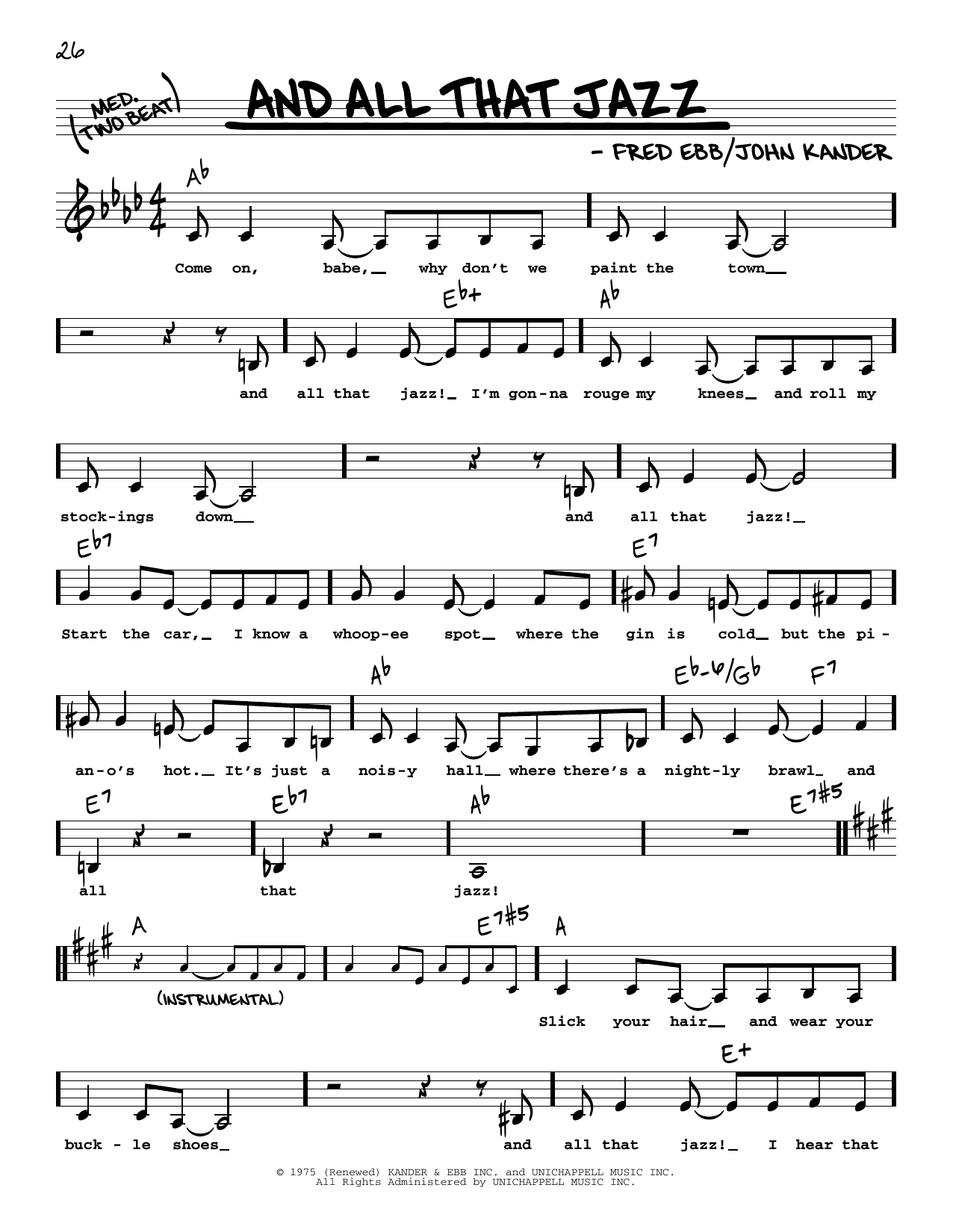 Download Kander & Ebb And All That Jazz (from Chicago) (Low Voice) Sheet Music and learn how to play Real Book – Melody, Lyrics & Chords PDF digital score in minutes