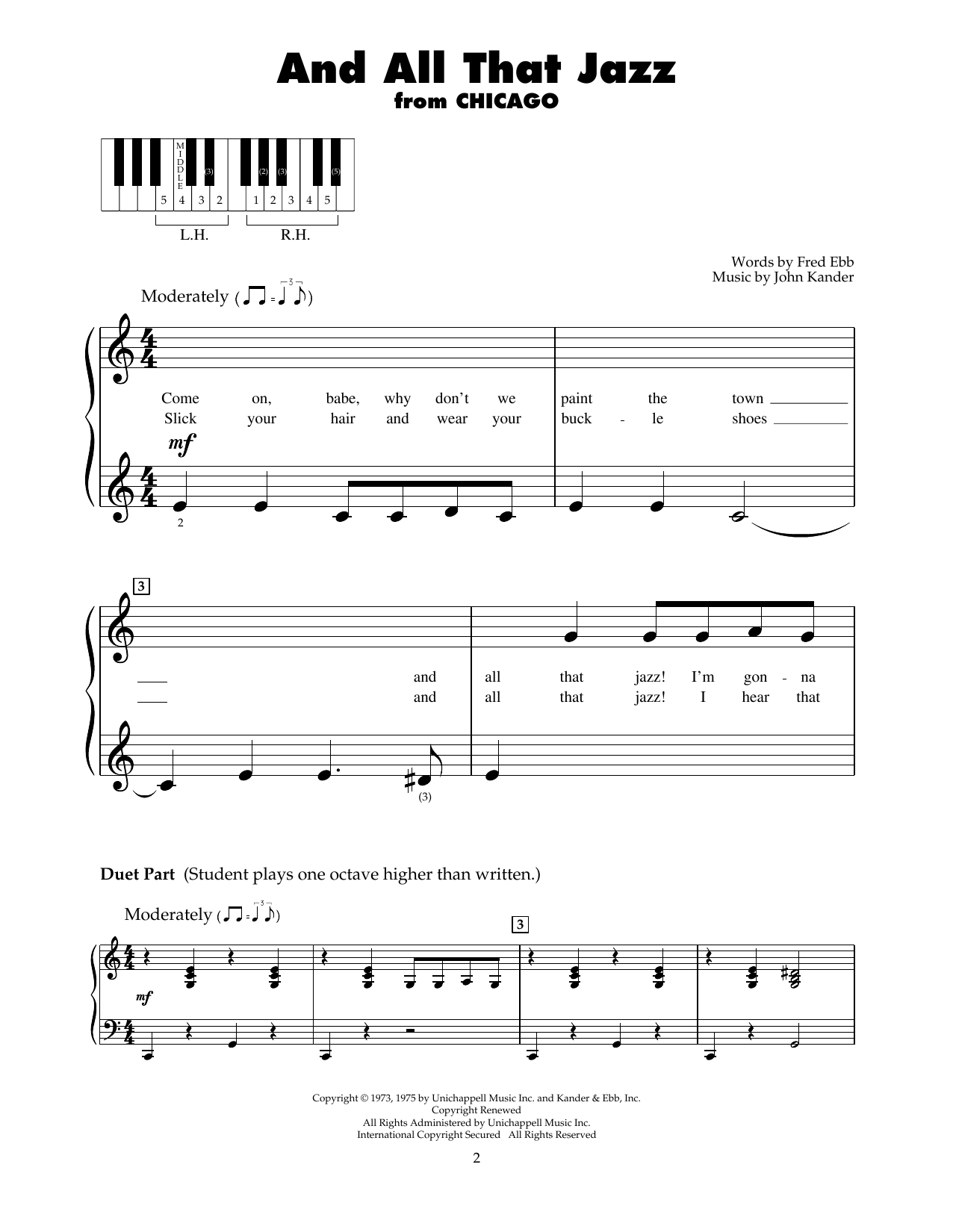 Download Kander & Ebb And All That Jazz (from Chicago) Sheet Music and learn how to play 5-Finger Piano PDF digital score in minutes