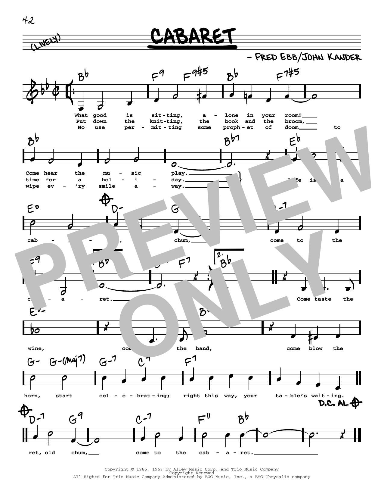 Download Kander & Ebb Cabaret (Low Voice) Sheet Music and learn how to play Real Book – Melody, Lyrics & Chords PDF digital score in minutes
