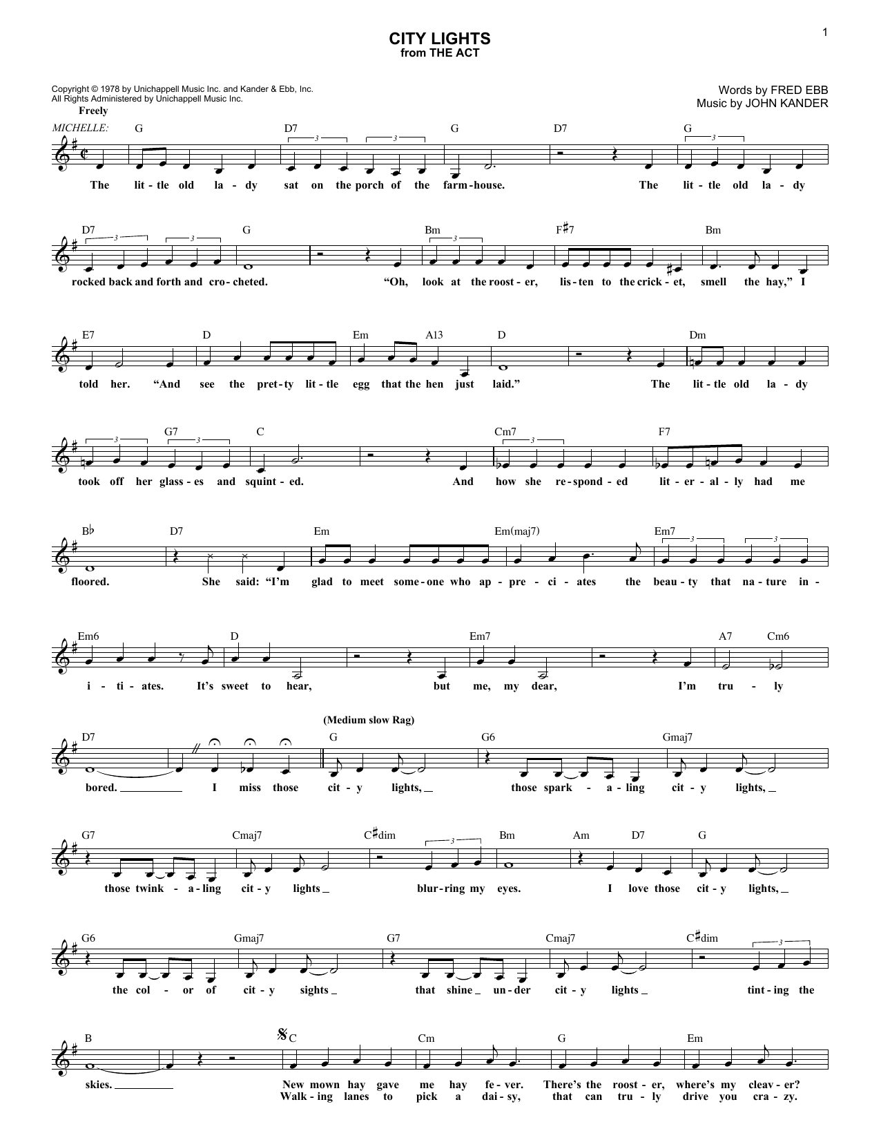 Download Kander & Ebb City Lights Sheet Music and learn how to play Melody Line, Lyrics & Chords PDF digital score in minutes