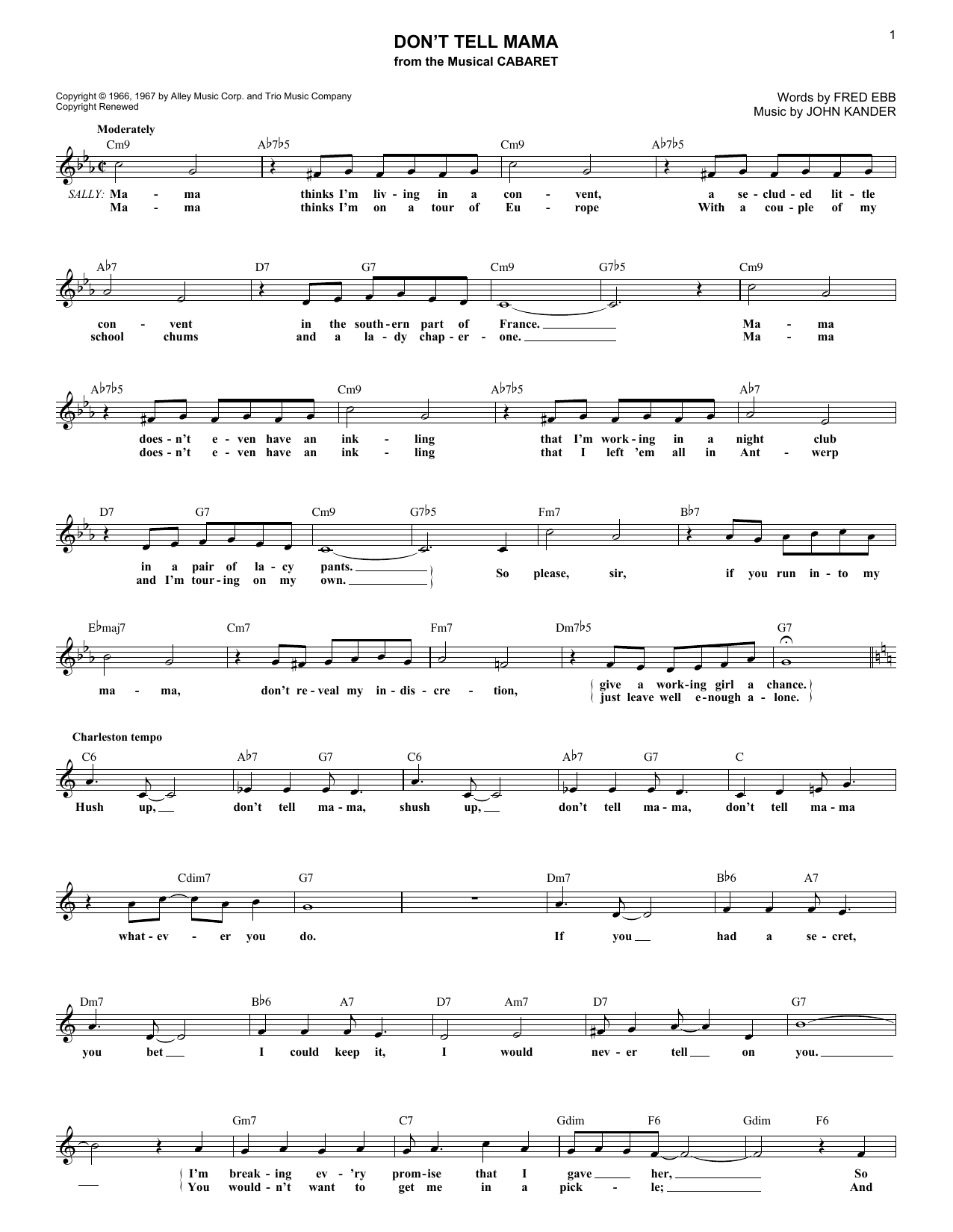 Download Kander & Ebb Don't Tell Mama Sheet Music and learn how to play Melody Line, Lyrics & Chords PDF digital score in minutes