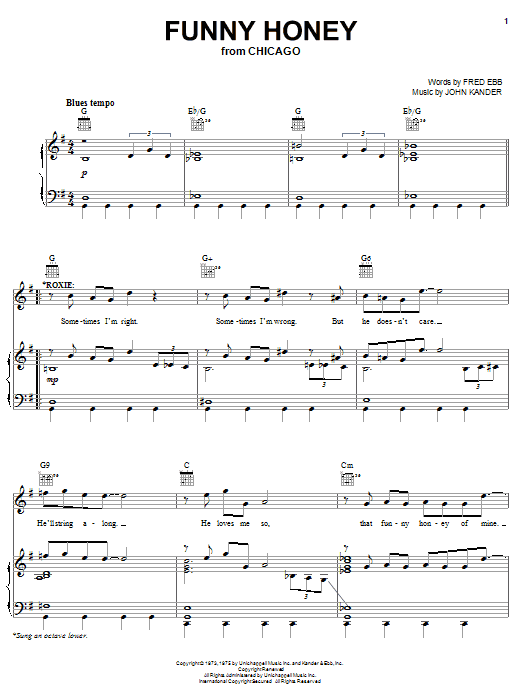 Download Kander & Ebb Funny Honey Sheet Music and learn how to play Piano, Vocal & Guitar (Right-Hand Melody) PDF digital score in minutes