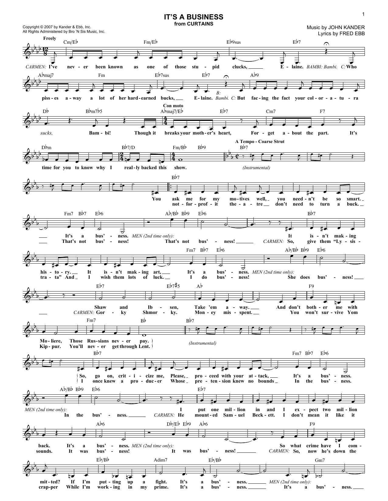 Download Kander & Ebb It's A Business Sheet Music and learn how to play Melody Line, Lyrics & Chords PDF digital score in minutes