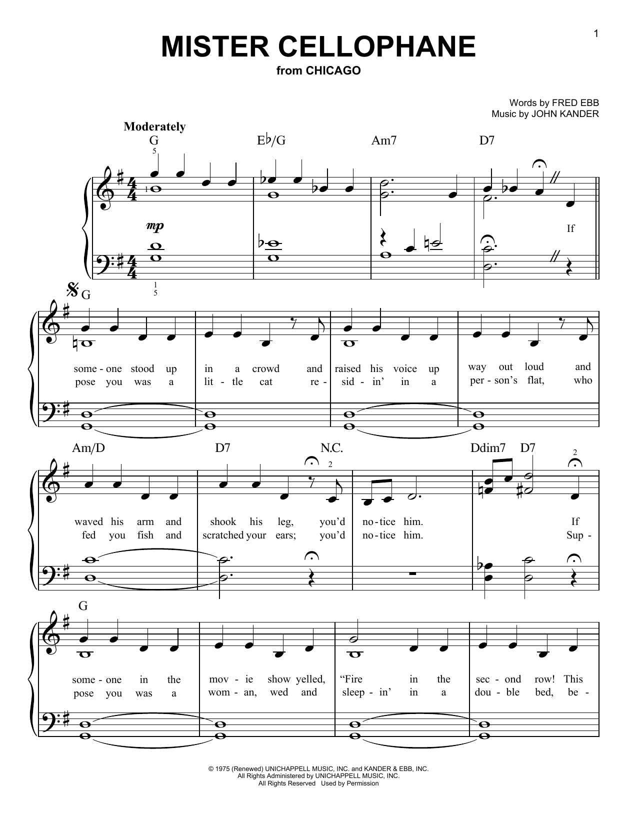 Download Kander & Ebb Mister Cellophane (from Chicago) Sheet Music and learn how to play Very Easy Piano PDF digital score in minutes