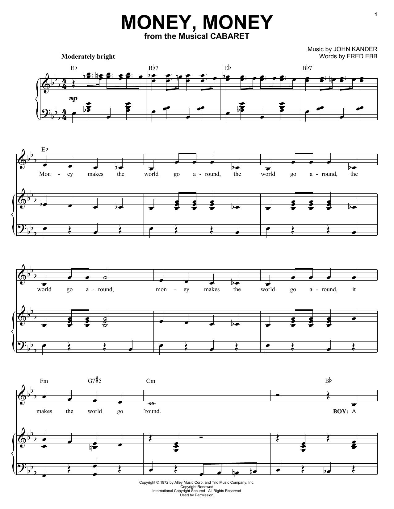Download Kander & Ebb Money, Money Sheet Music and learn how to play Piano, Vocal & Guitar (Right-Hand Melody) PDF digital score in minutes
