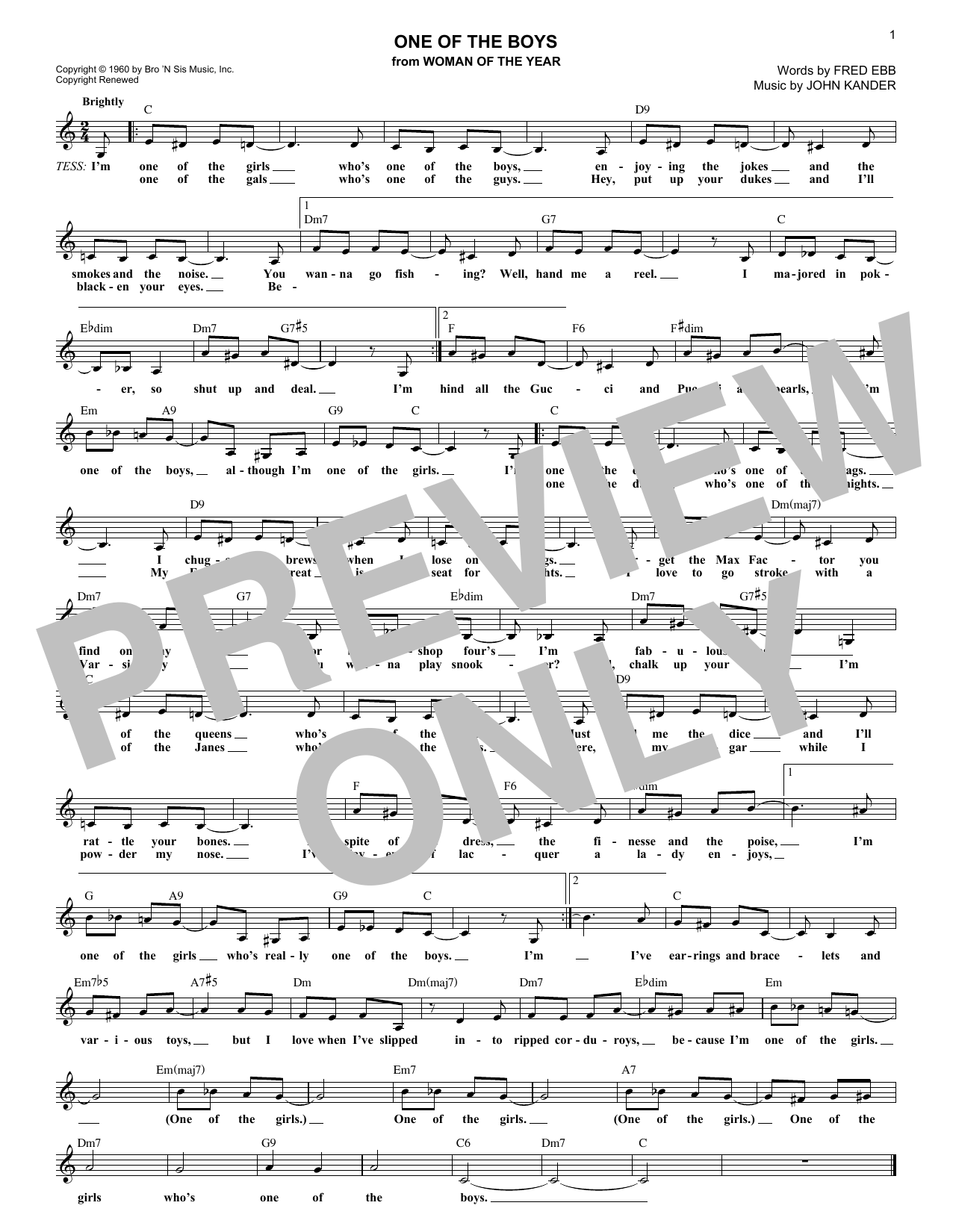 Download Kander & Ebb One Of The Boys (from Woman Of The Year) Sheet Music and learn how to play Lead Sheet / Fake Book PDF digital score in minutes
