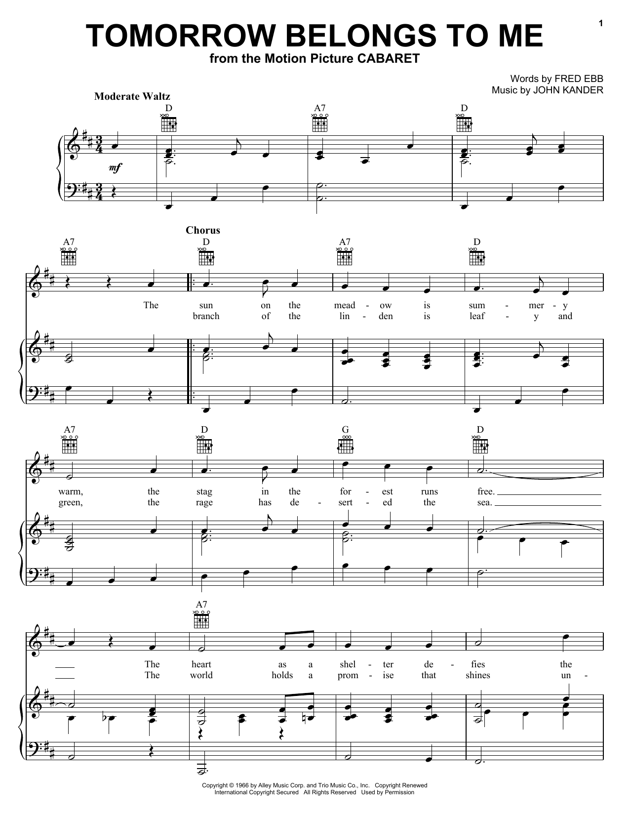 Download Kander & Ebb Tomorrow Belongs To Me Sheet Music and learn how to play Piano, Vocal & Guitar (Right-Hand Melody) PDF digital score in minutes