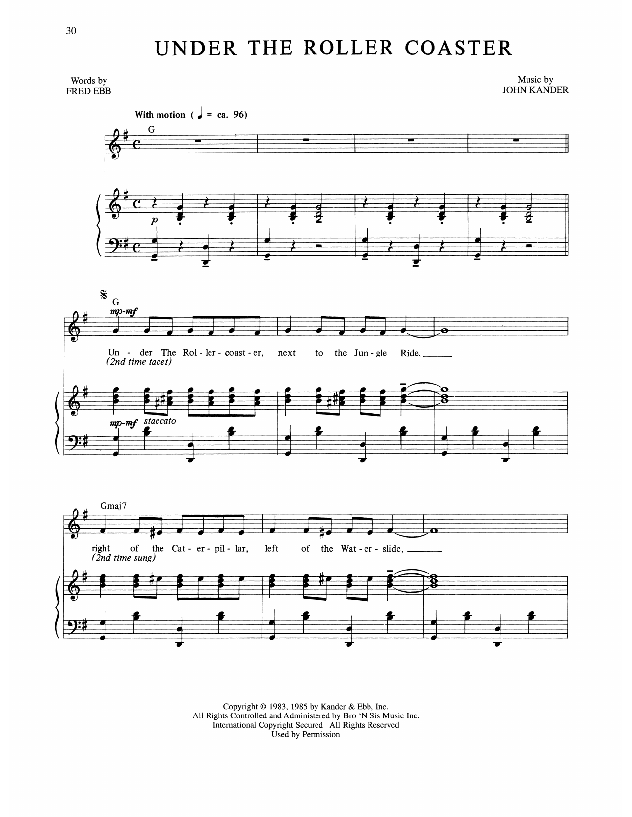 Download Kander & Ebb Under The Roller Coaster (from The Rink) Sheet Music and learn how to play Piano, Vocal & Guitar Chords (Right-Hand Melody) PDF digital score in minutes