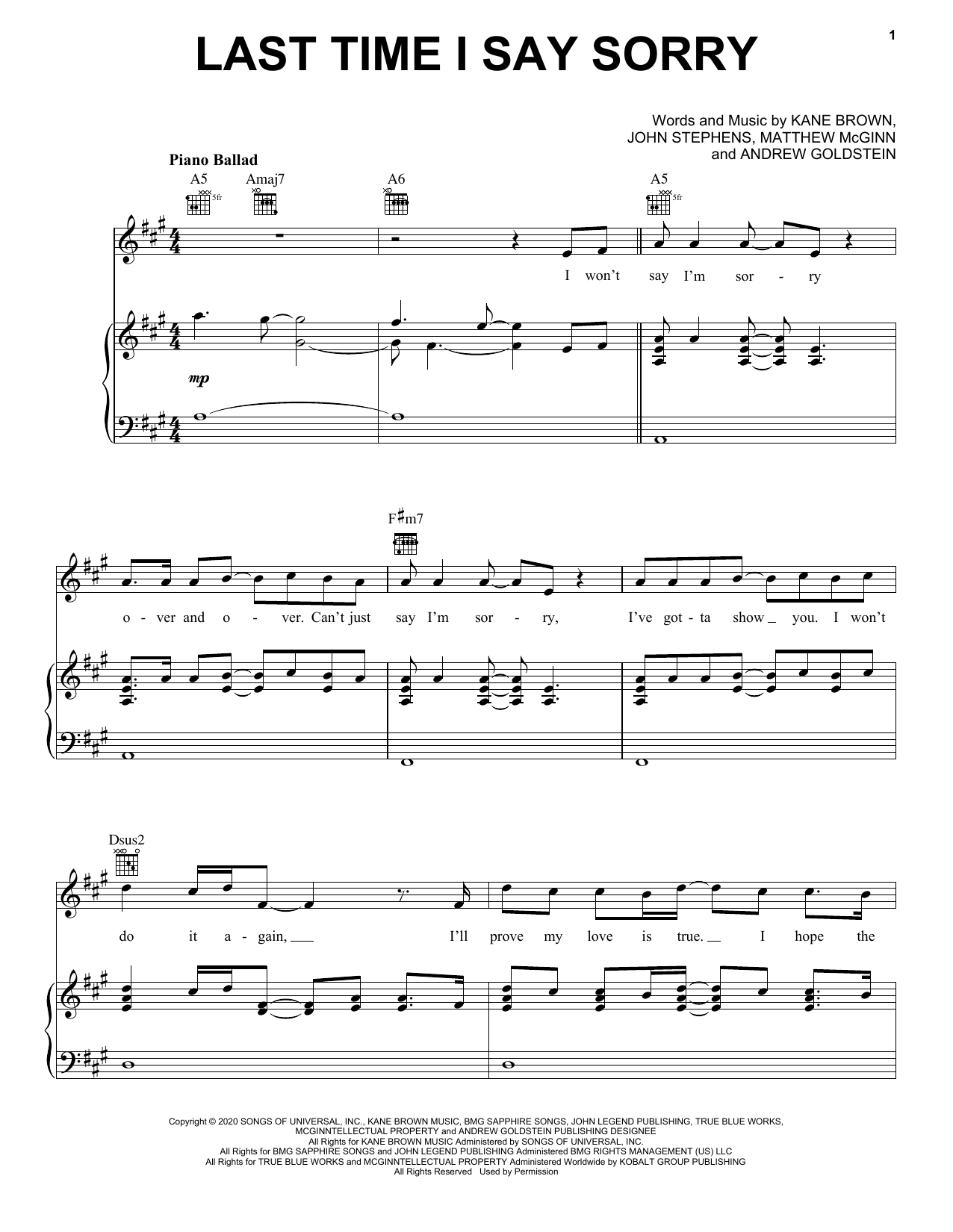 Download Kane Brown & John Legend Last Time I Say Sorry Sheet Music and learn how to play Piano, Vocal & Guitar Chords (Right-Hand Melody) PDF digital score in minutes