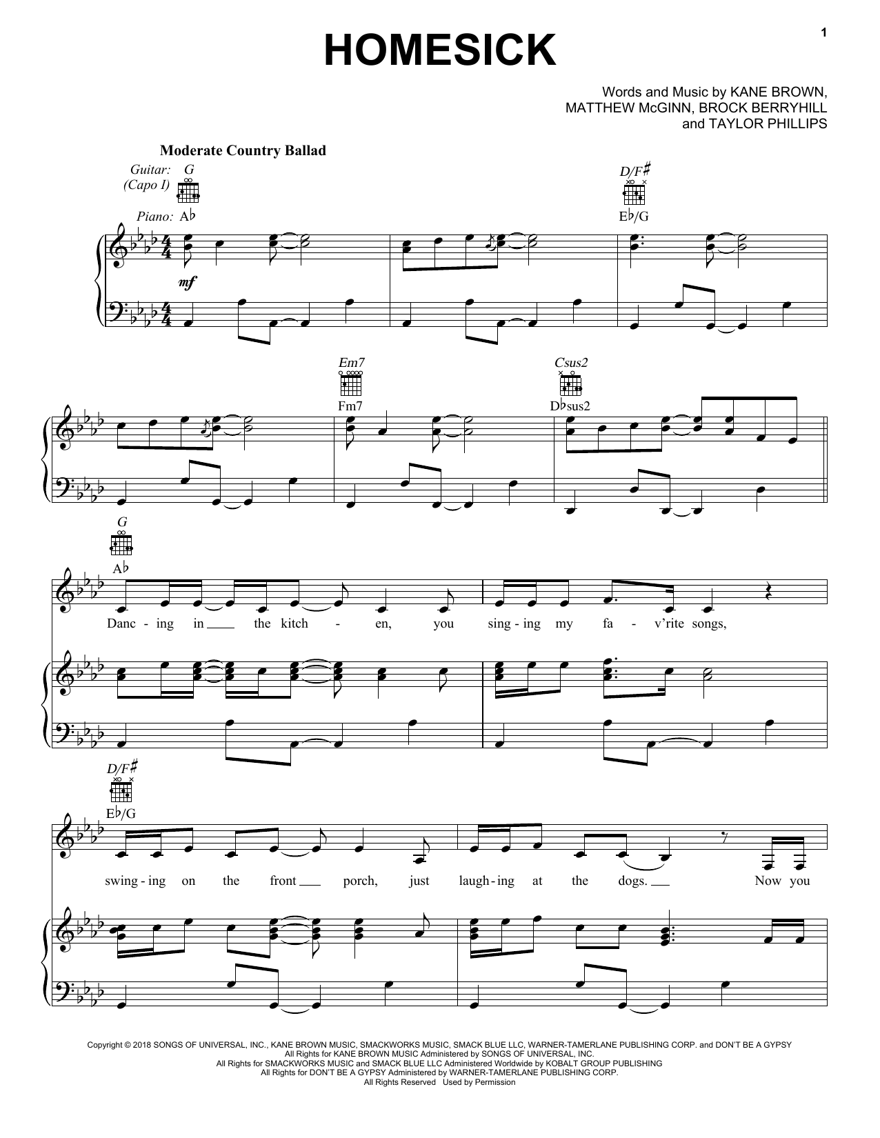 Download Kane Brown Homesick Sheet Music and learn how to play Piano, Vocal & Guitar Chords (Right-Hand Melody) PDF digital score in minutes