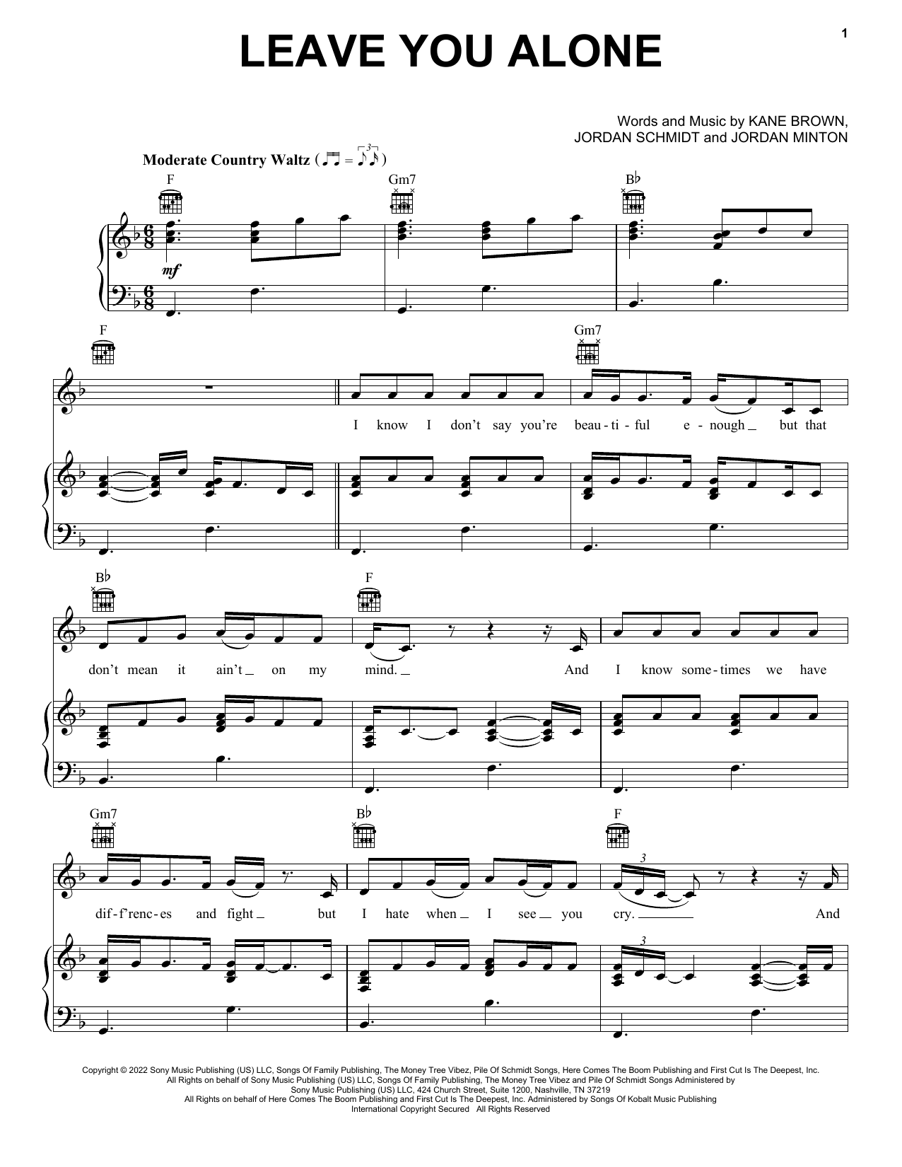 Download Kane Brown Leave You Alone Sheet Music and learn how to play Piano, Vocal & Guitar Chords (Right-Hand Melody) PDF digital score in minutes