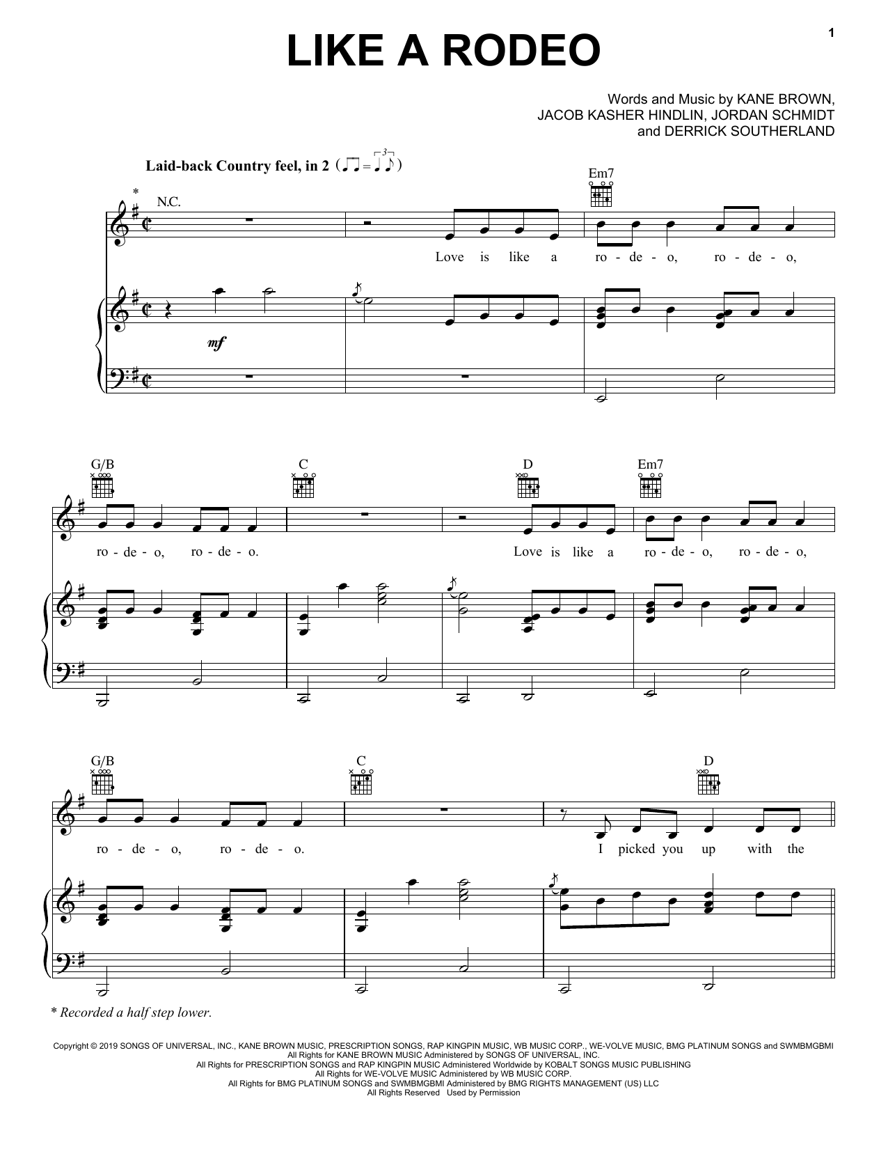 Download Kane Brown Like A Rodeo Sheet Music and learn how to play Piano, Vocal & Guitar Chords (Right-Hand Melody) PDF digital score in minutes