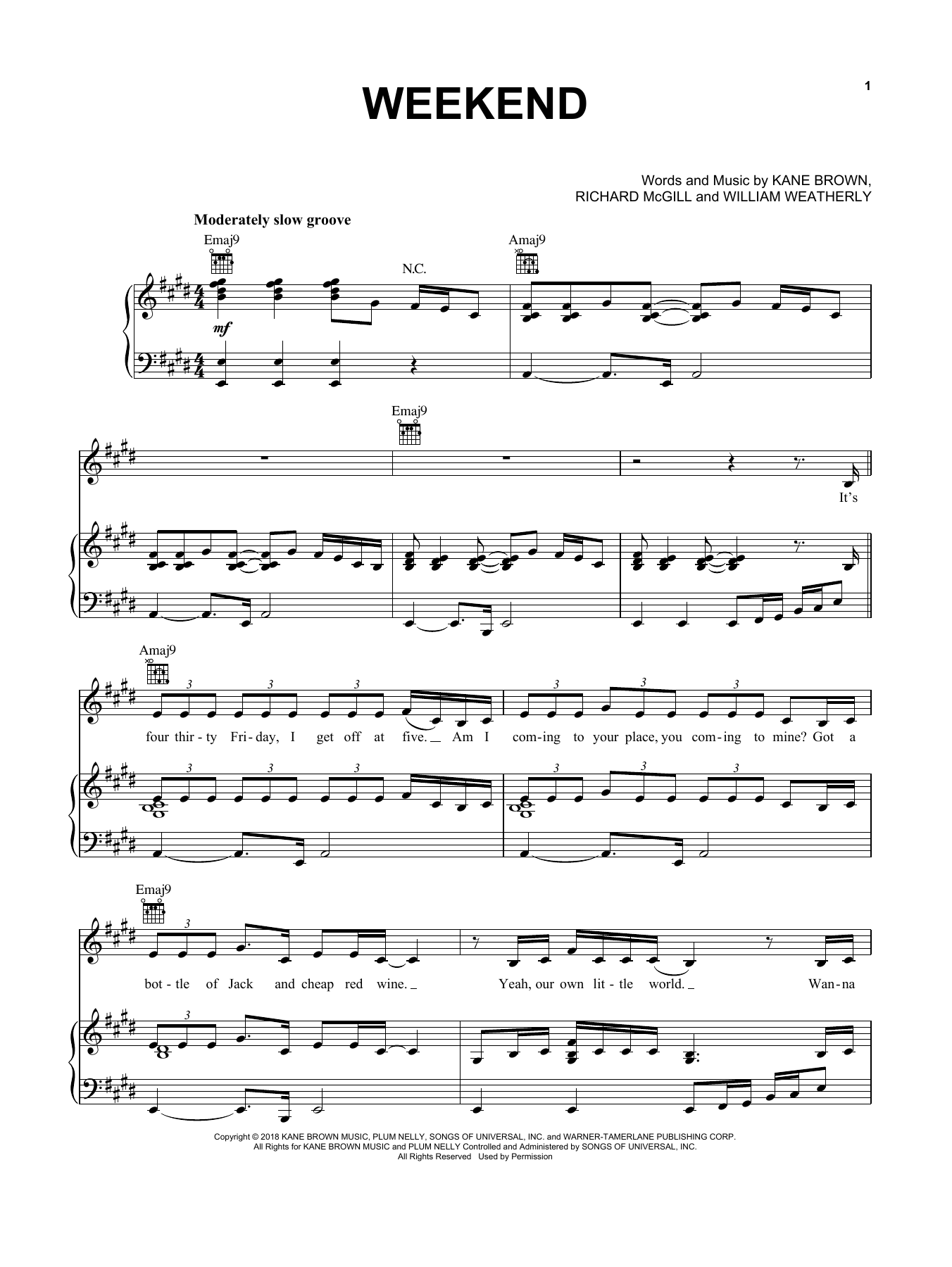 Download Kane Brown Weekend Sheet Music and learn how to play Piano, Vocal & Guitar (Right-Hand Melody) PDF digital score in minutes