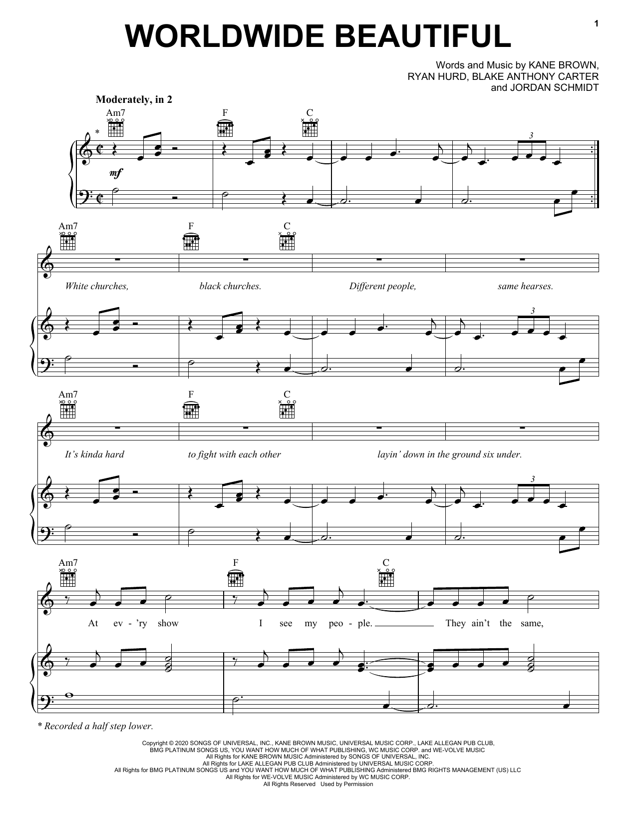 Download Kane Brown Worldwide Beautiful Sheet Music and learn how to play Piano, Vocal & Guitar Chords (Right-Hand Melody) PDF digital score in minutes