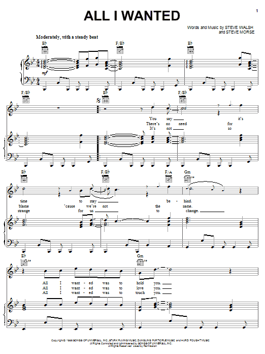 Download Kansas All I Wanted Sheet Music and learn how to play Piano, Vocal & Guitar (Right-Hand Melody) PDF digital score in minutes