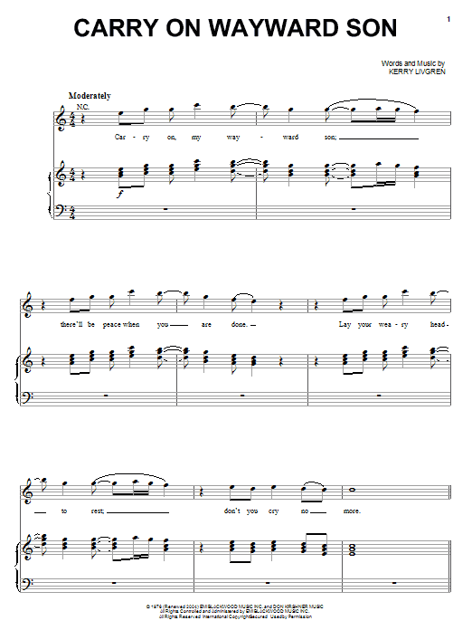 Download Kansas Carry On Wayward Son Sheet Music and learn how to play Guitar Lead Sheet PDF digital score in minutes