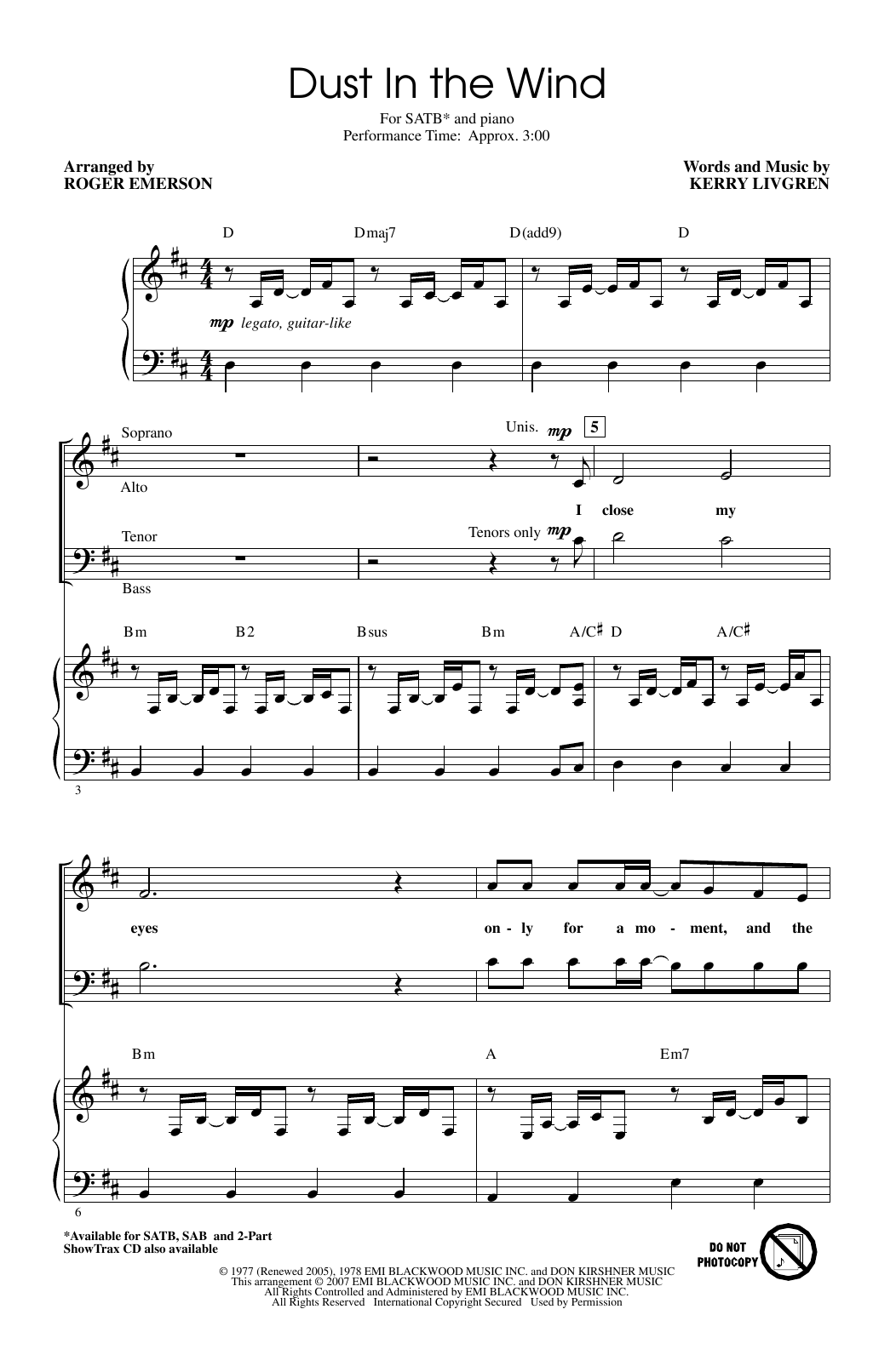 Download Kansas Dust In The Wind (arr. Roger Emerson) Sheet Music and learn how to play 2-Part Choir PDF digital score in minutes