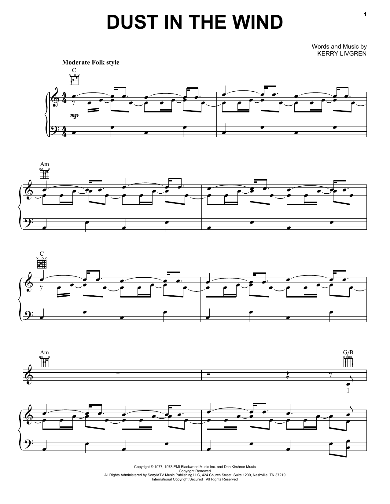 Download Kansas Dust In The Wind Sheet Music and learn how to play Piano, Vocal & Guitar (Right-Hand Melody) PDF digital score in minutes