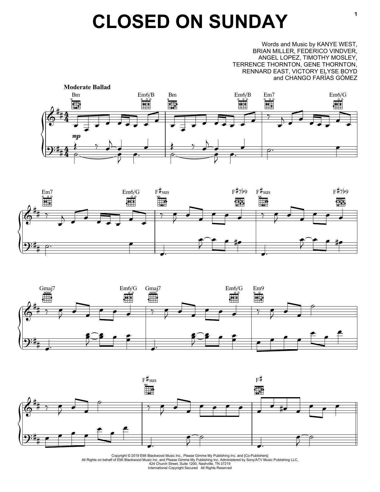 Download Kanye West Closed On Sunday Sheet Music and learn how to play Piano, Vocal & Guitar Chords (Right-Hand Melody) PDF digital score in minutes