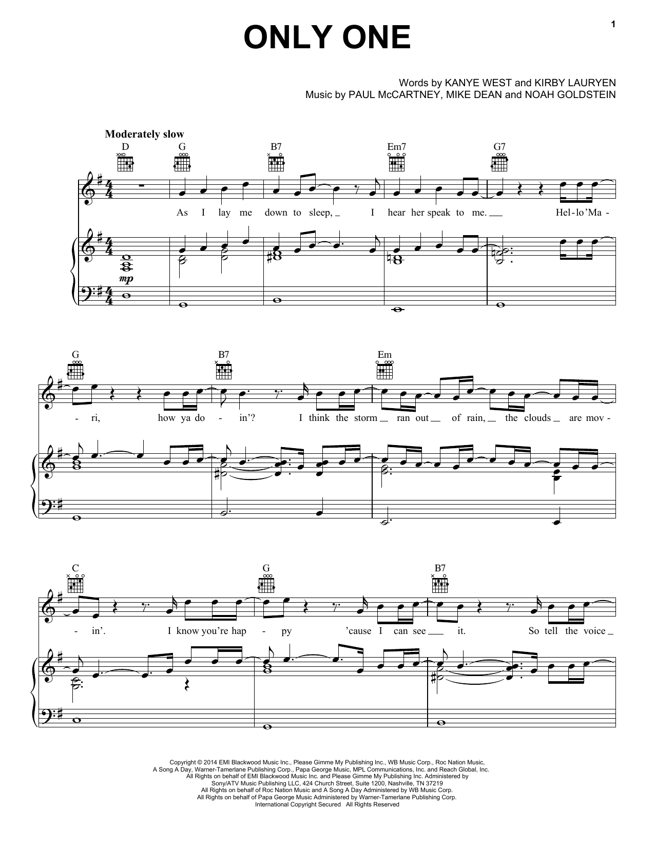 Download Kanye West feat. Paul McCartney Only One Sheet Music and learn how to play Piano, Vocal & Guitar (Right-Hand Melody) PDF digital score in minutes