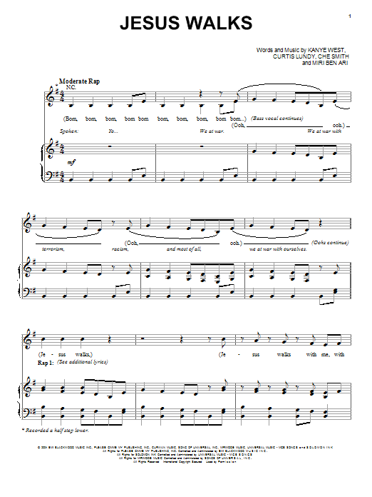 Download Kanye West Jesus Walks Sheet Music and learn how to play Piano, Vocal & Guitar (Right-Hand Melody) PDF digital score in minutes