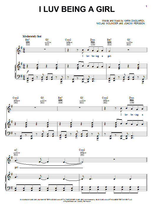 Download Kara DioGuardi I Luv Being A Girl Sheet Music and learn how to play Piano, Vocal & Guitar (Right-Hand Melody) PDF digital score in minutes