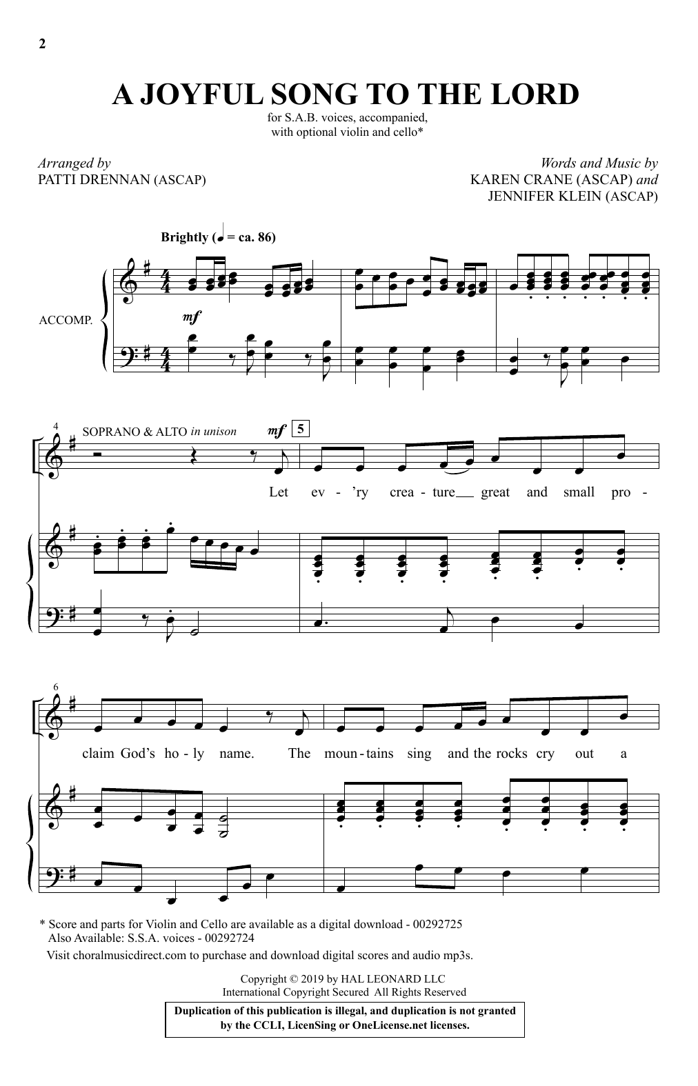 Download Karen Crane & Jennifer Klein A Joyful Song To The Lord (arr. Patti Drennan) Sheet Music and learn how to play SAB Choir PDF digital score in minutes