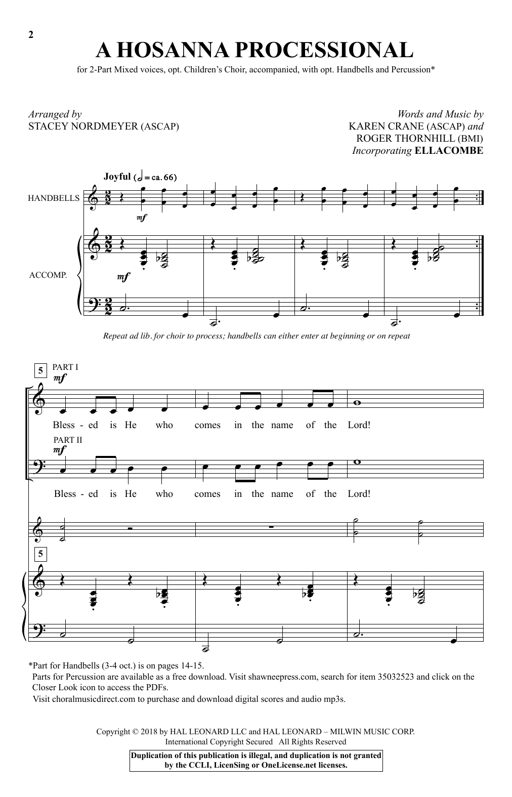 Download Karen Crane & Roger Thornhill A Hosanna Processional (arr. Stacey Nordmeyer) Sheet Music and learn how to play 2-Part Choir PDF digital score in minutes