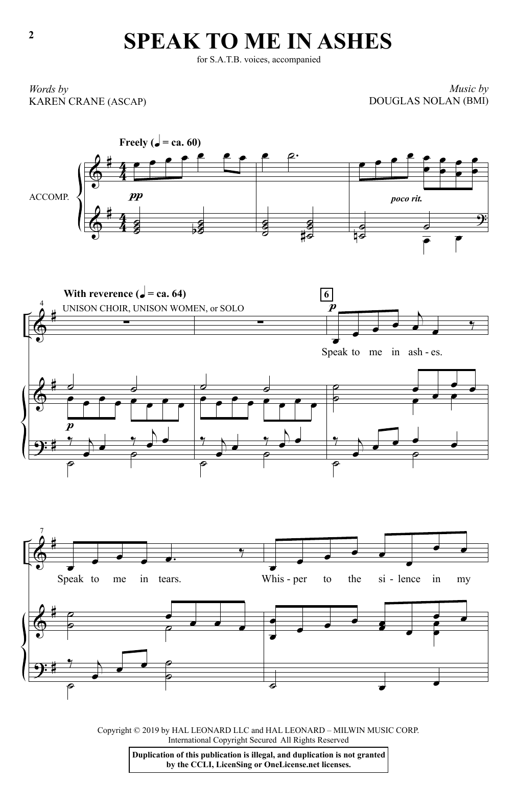 Download Karen Crane and Douglas Nolan Speak To Me In Ashes Sheet Music and learn how to play SATB Choir PDF digital score in minutes