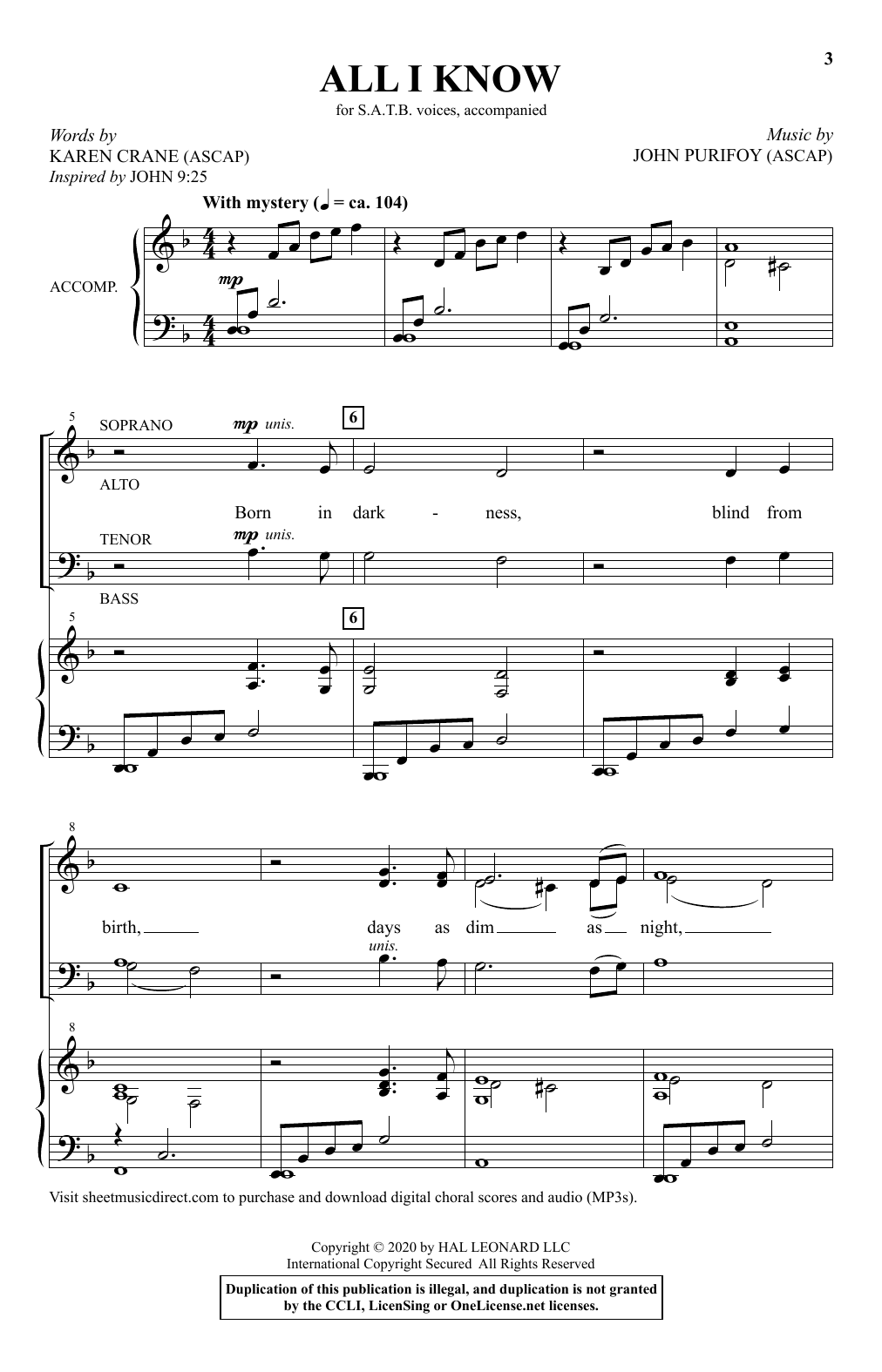 Download Karen Crane and John Purifoy All I Know Sheet Music and learn how to play SATB Choir PDF digital score in minutes