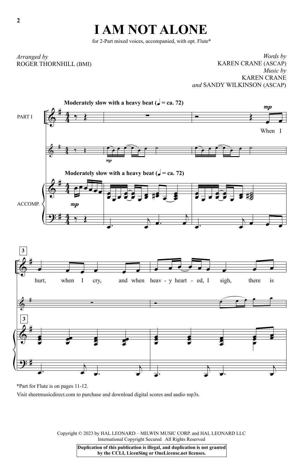 Download Karen Crane and Sandy Wilkinson I Am Not Alone (arr. Roger Thornhill) Sheet Music and learn how to play 2-Part Choir PDF digital score in minutes