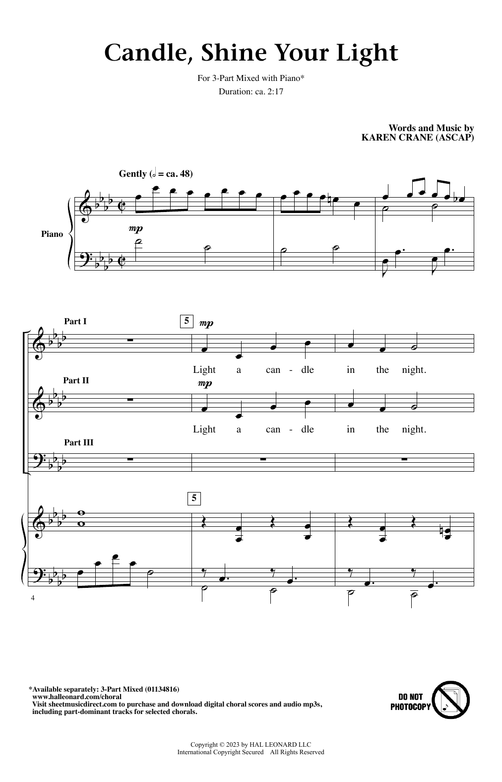 Download Karen Crane Candle, Shine Your Light Sheet Music and learn how to play 3-Part Mixed Choir PDF digital score in minutes