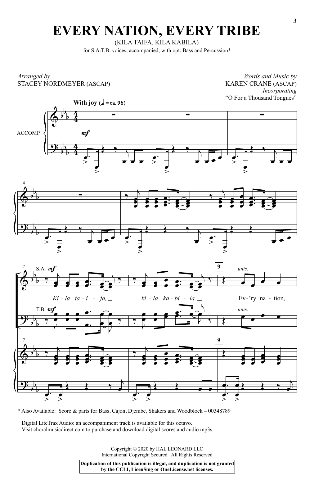 Download Karen Crane Every Nation, Every Tribe (Ki La Taifa, Kila Kabila) (arr. Stacey Nordmeyer) Sheet Music and learn how to play SATB Choir PDF digital score in minutes