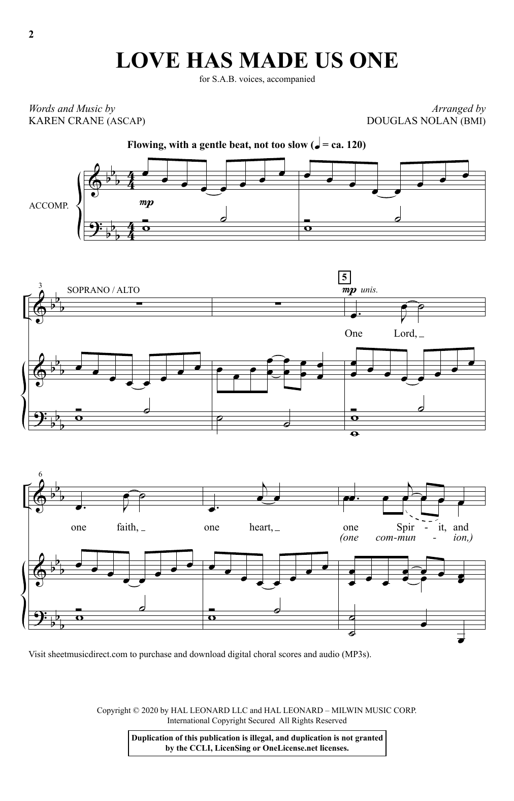 Download Karen Crane Love Has Made Us One (arr. Douglas Nolan) Sheet Music and learn how to play SAB Choir PDF digital score in minutes