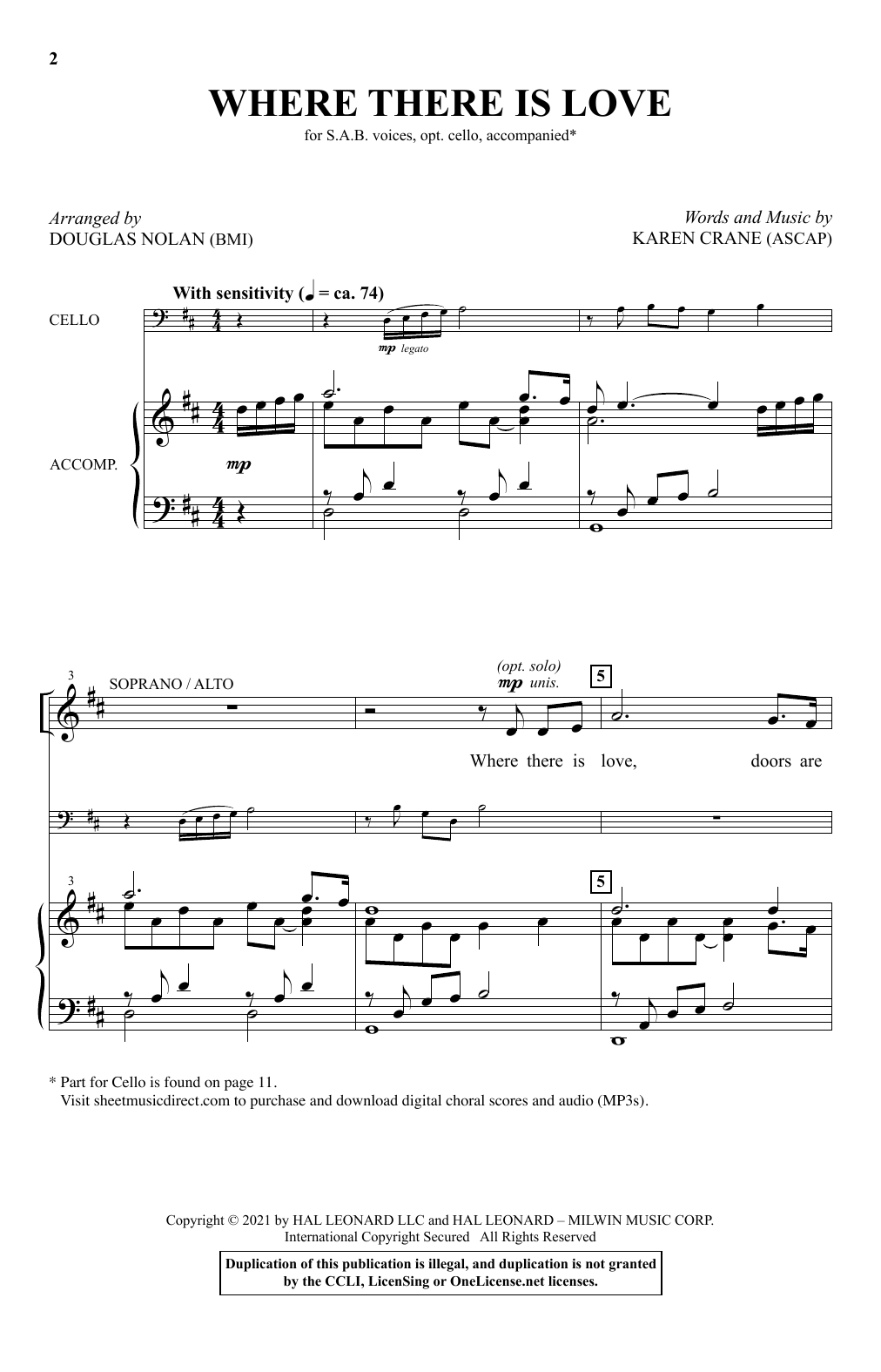 Download Karen Crane Where There Is Love (arr. Douglas Nolan) Sheet Music and learn how to play SAB Choir PDF digital score in minutes