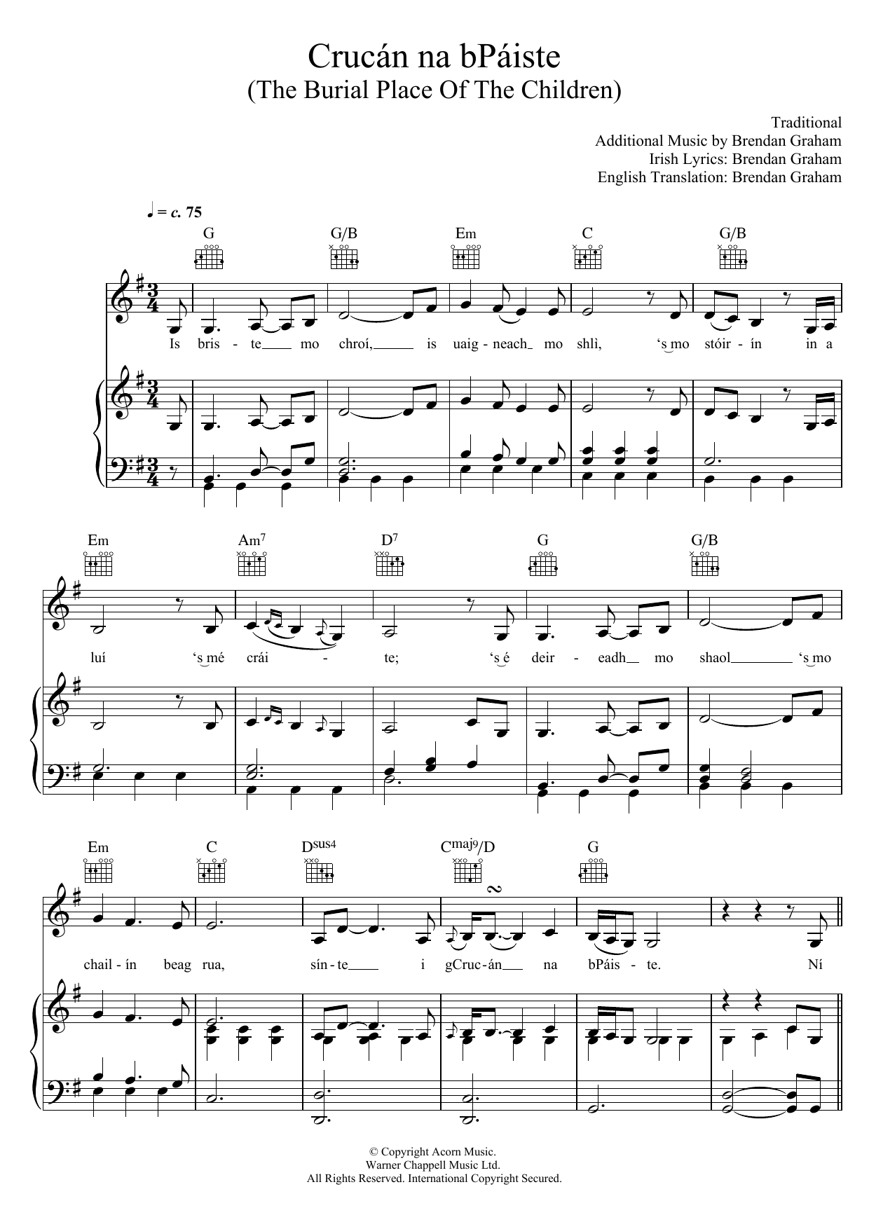 Download Karen Matheson Crucan Na Bpaiste Sheet Music and learn how to play Piano, Vocal & Guitar (Right-Hand Melody) PDF digital score in minutes