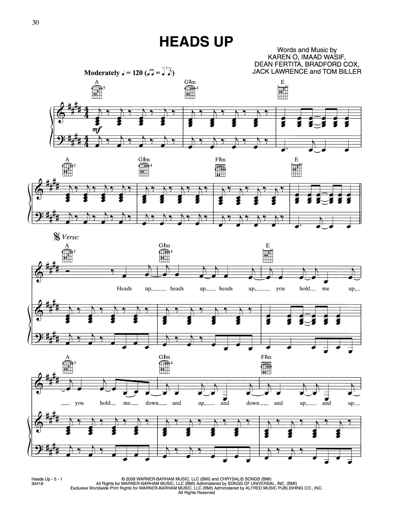 Download Karen O & The Kids Heads Up (from Where The Wild Things Are) Sheet Music and learn how to play Piano, Vocal & Guitar Chords (Right-Hand Melody) PDF digital score in minutes