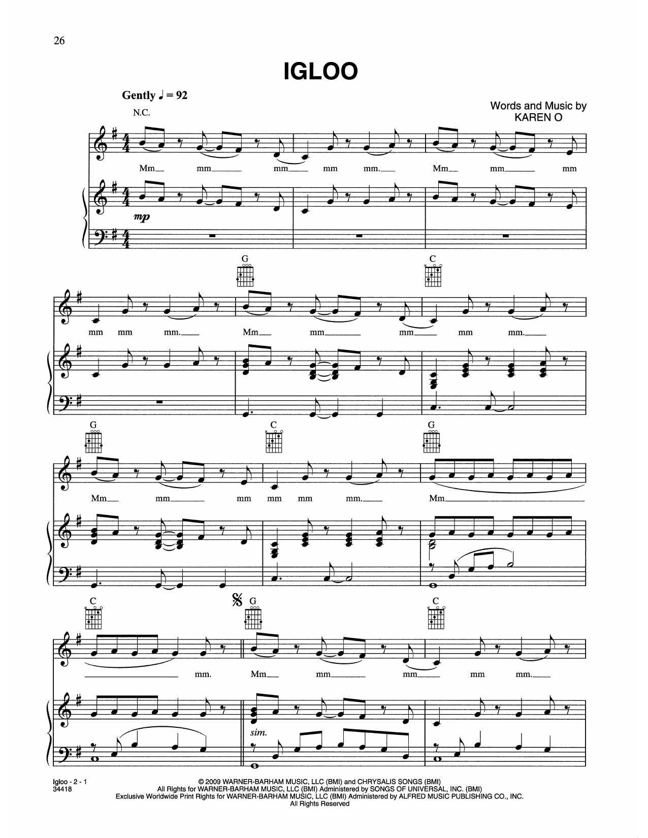 Download Karen O & The Kids Igloo (from Where The Wild Things Are) Sheet Music and learn how to play Piano, Vocal & Guitar Chords (Right-Hand Melody) PDF digital score in minutes