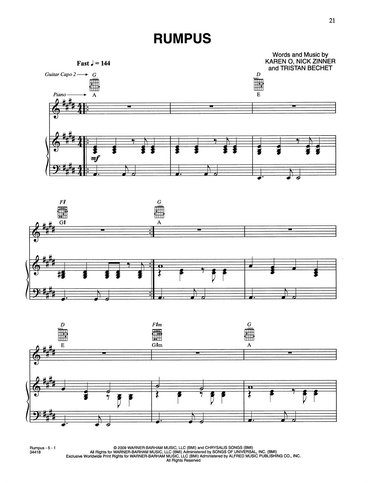 Download Karen O & The Kids Rumpus (from Where The Wild Things Are) Sheet Music and learn how to play Piano, Vocal & Guitar Chords (Right-Hand Melody) PDF digital score in minutes