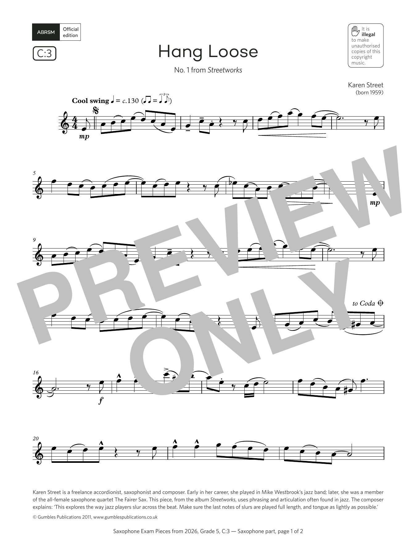 Download Karen Street Hang Loose (Grade 5, list C3, from the ABRSM Saxophone Syllabus from 2026) Sheet Music and learn how to play Alto Sax Solo PDF digital score in minutes