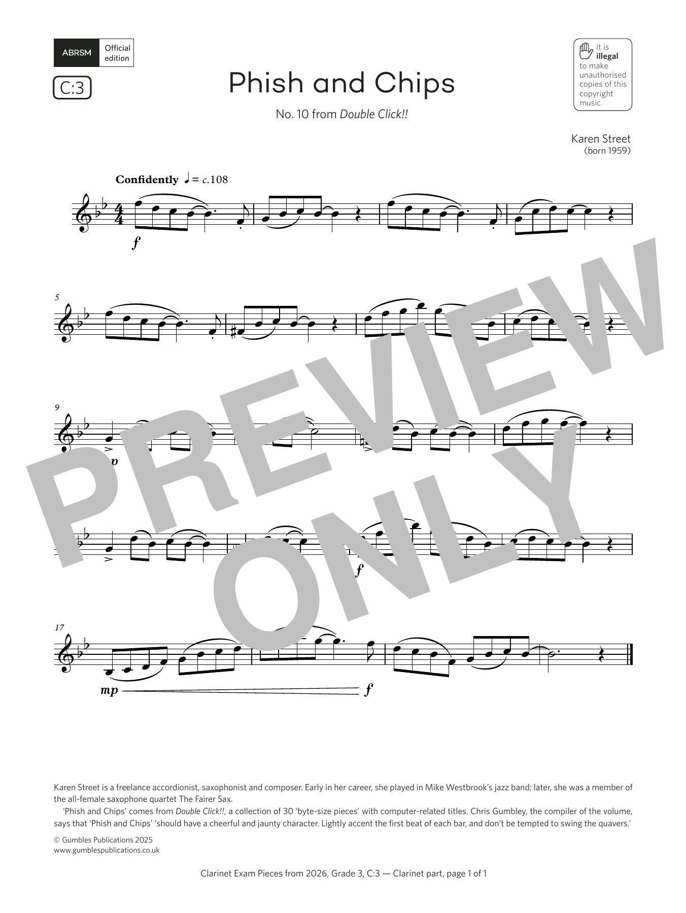 Download Karen Street Phish and Chips (Grade 3, list C3, from the ABRSM Clarinet Syllabus from 2026) Sheet Music and learn how to play Clarinet Solo PDF digital score in minutes